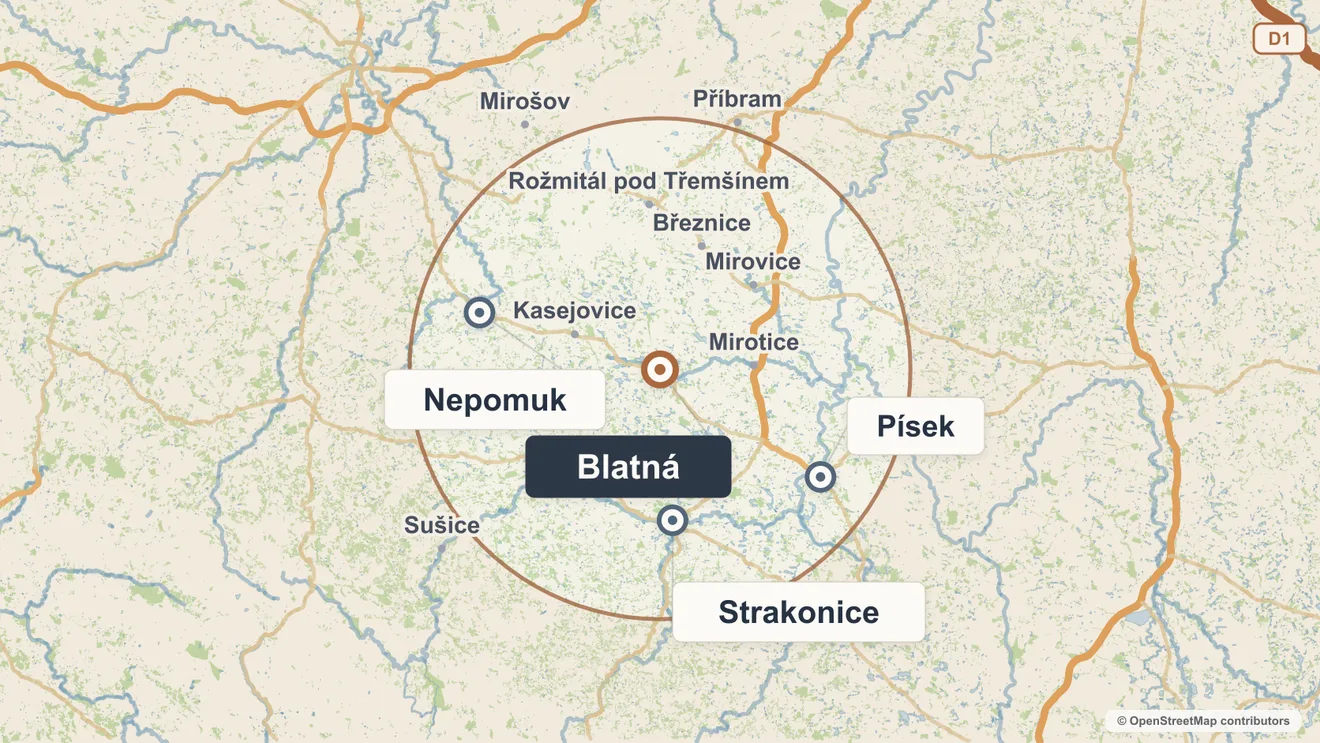 Mapa působnosti na Blatensku a Písecku: Blatná, Písek a Jihočeský kraj