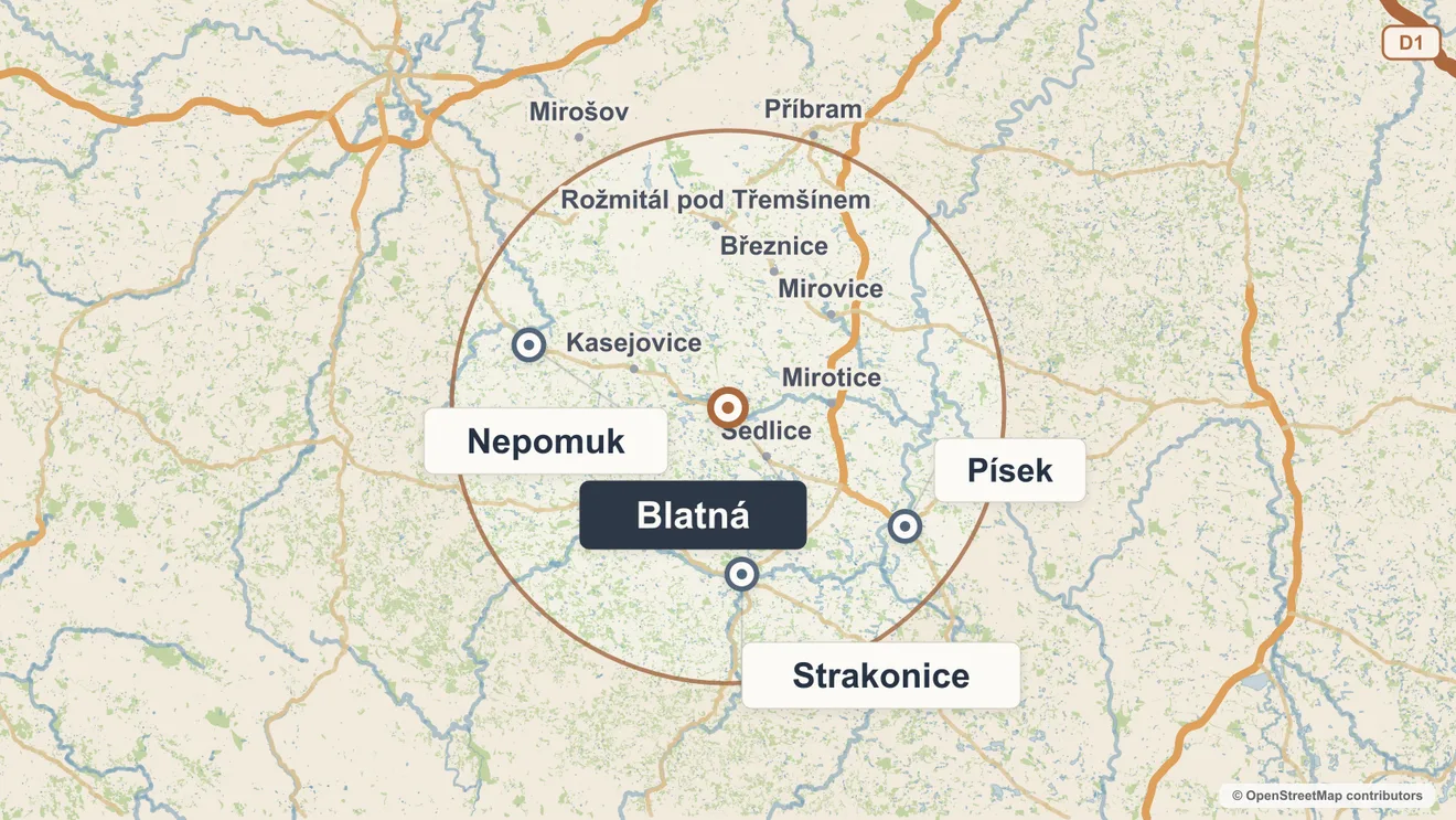 Mapa působnosti na Blatensku a Písecku: Blatná, Písek a Jihočeský kraj